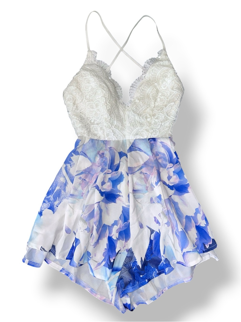 Floral Romper with White Lace Bodice